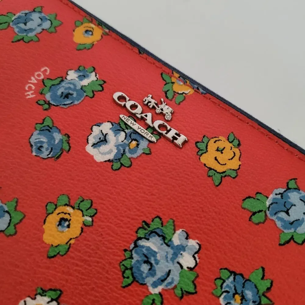 Coach‎ Accordion Zip Wallet Tea Rose Floral Print Coated Canvas Blue Red F57649